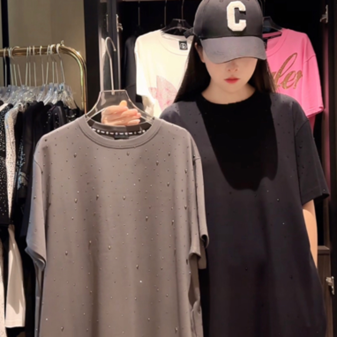 高级感满天星烫钻圆领长裙下摆开叉慵懒宽松大版夏季