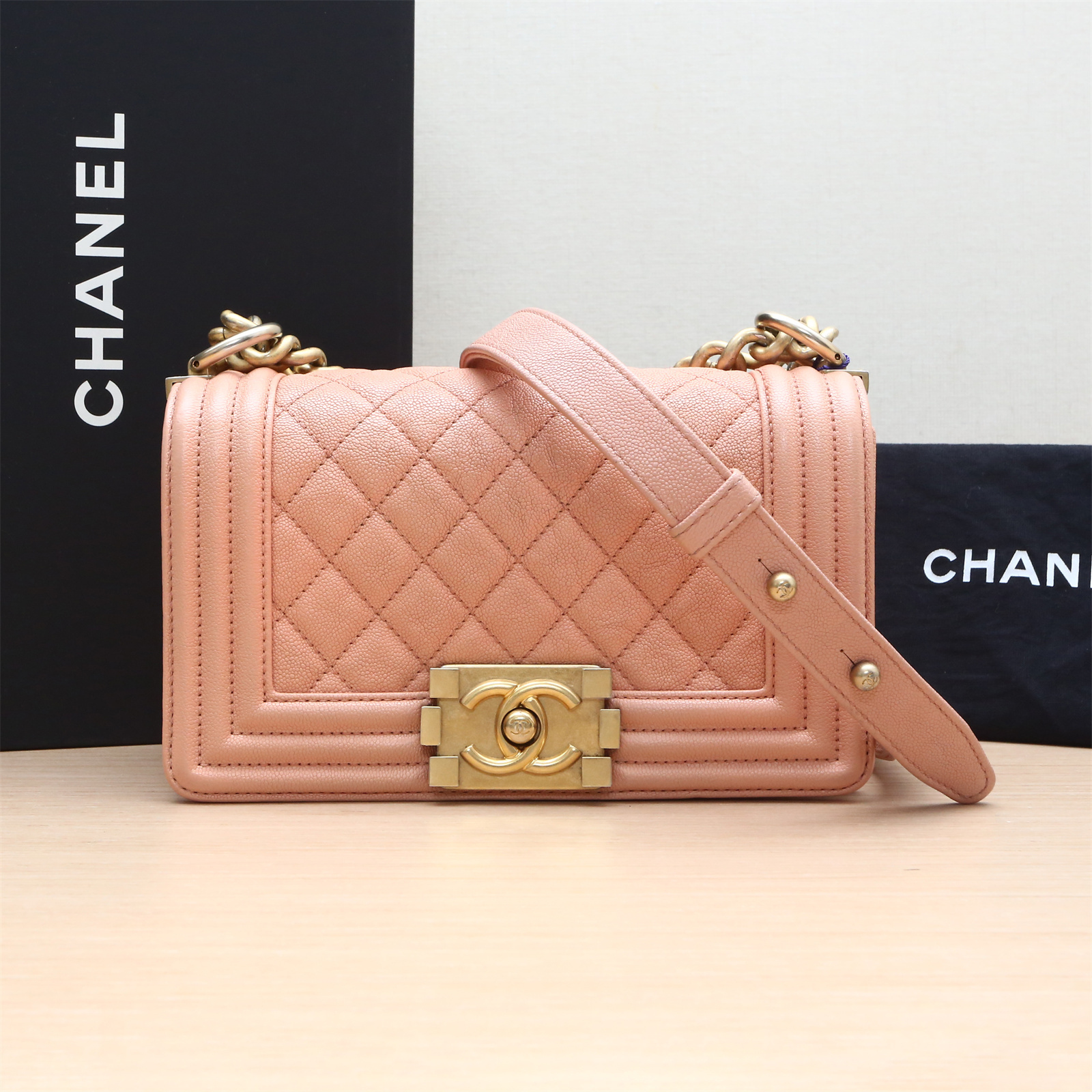 95新 Chanel/香奈儿 【花花活动】Leboy 小号粉色荔枝27开 金扣包