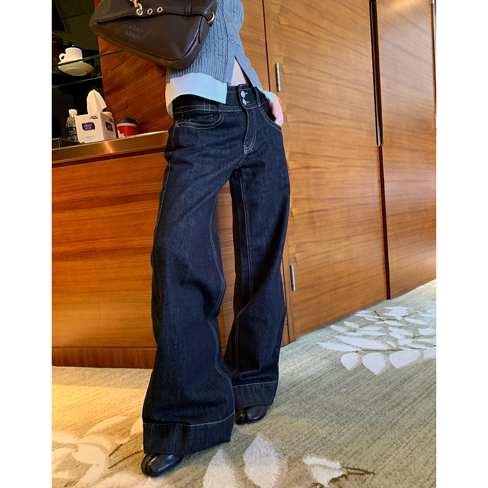 丹宁原牛色低腰微喇牛仔裤女设计感美式复古宽松窄版直筒喇叭裤子