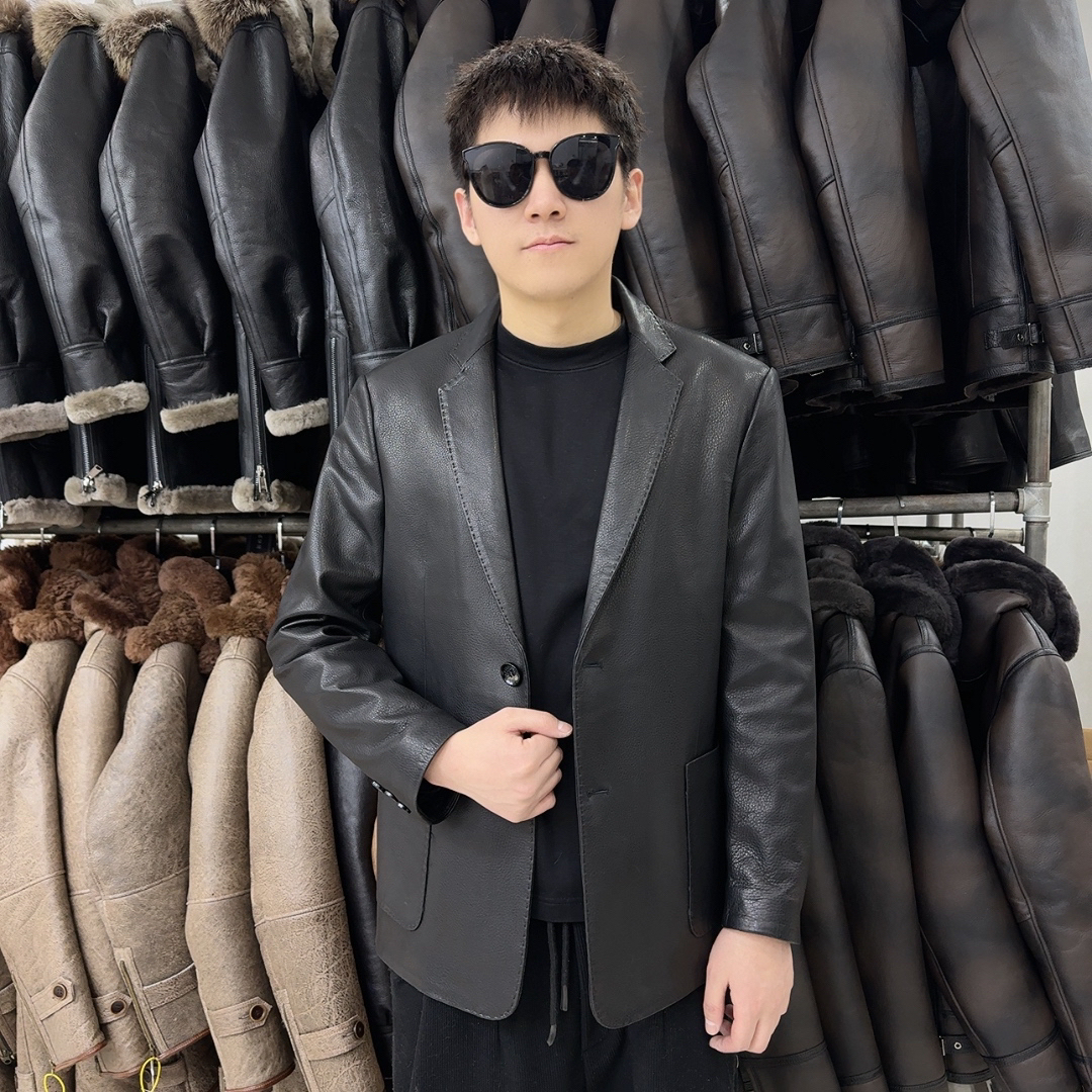 男士真皮山羊皮休闲时尚西服款夹克春秋商务百搭西服潮流修身帅气