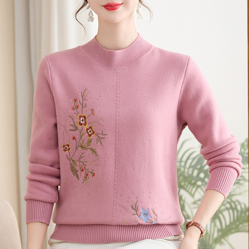 中老年女装女士秋冬半高领女装国风中老年遮肚毛衣