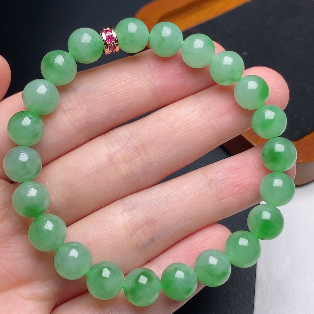 缅甸天然a货翡翠冰种飘绿飘阳绿圆珠手链卡8.5mm绿色冰绿玉手串