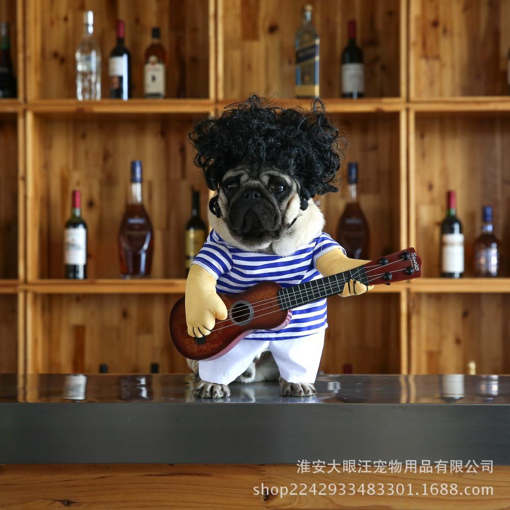跨境万圣节搞笑衣服 宠物狗狗吉他变身装 巴哥猫咪搞怪拿吉他衣服