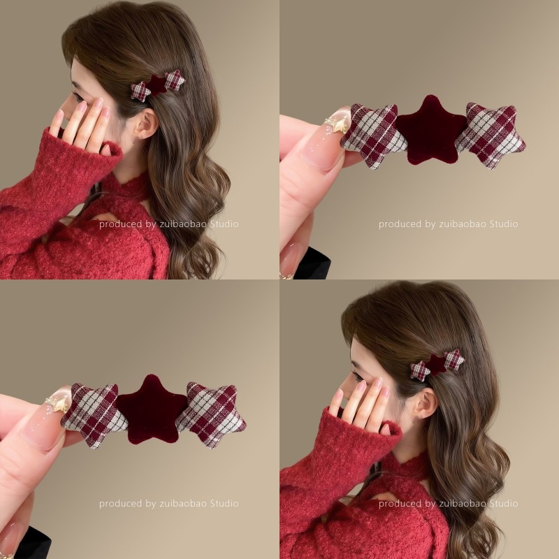 24 复古植绒格子星星纽扣发夹鸭嘴夹少女百搭碎发侧边夹发卡新