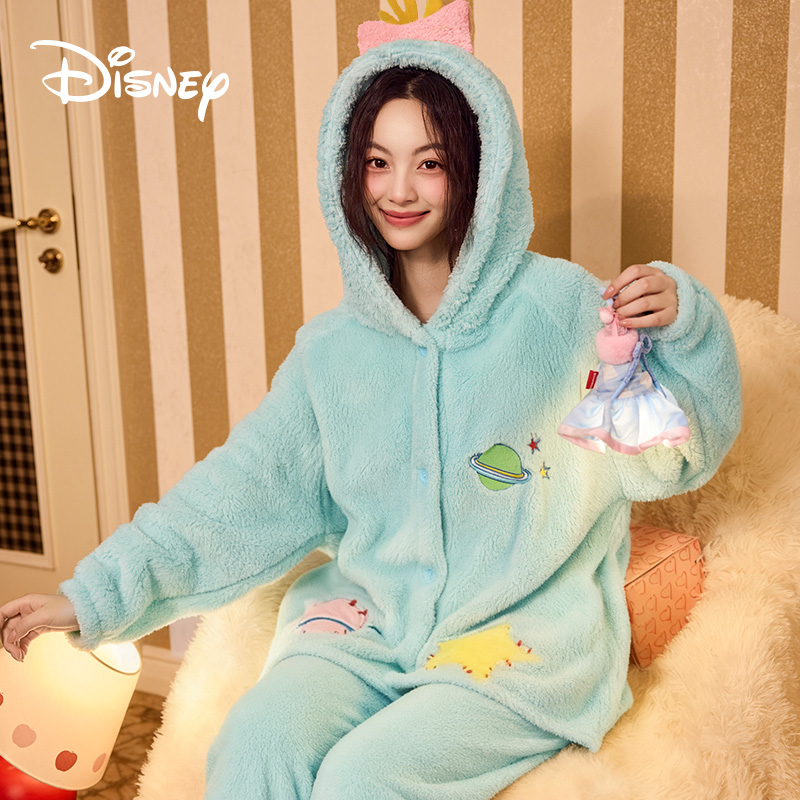 Disney/迪士尼冬季新款加厚珊瑚绒保暖加厚连帽睡袍家居服套装