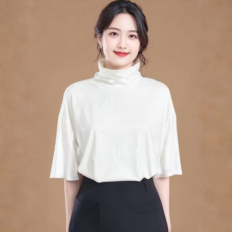 女士中袖高领轻职风街头风短袖T恤女士内搭打底衫潮牌设计师