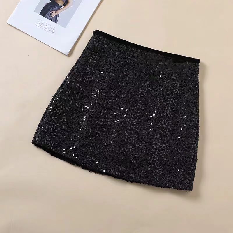 【锦衣服饰】JY 141字母黑色亮片时尚半裙
