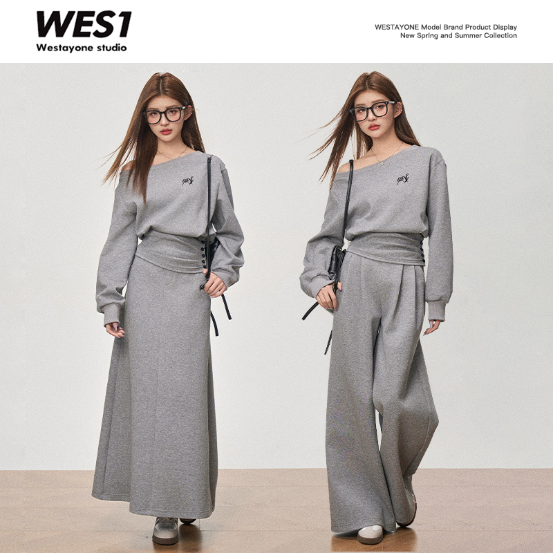 【秋季新品】WESTAYONE韩系运动休闲裤短款收腰斜肩上衣针织长裙