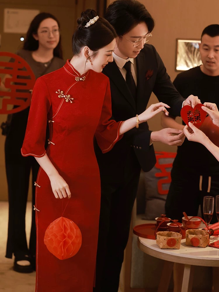 敬酒服旗袍2025年新款倒大袖年轻款红色中式新娘结婚订婚连衣裙女