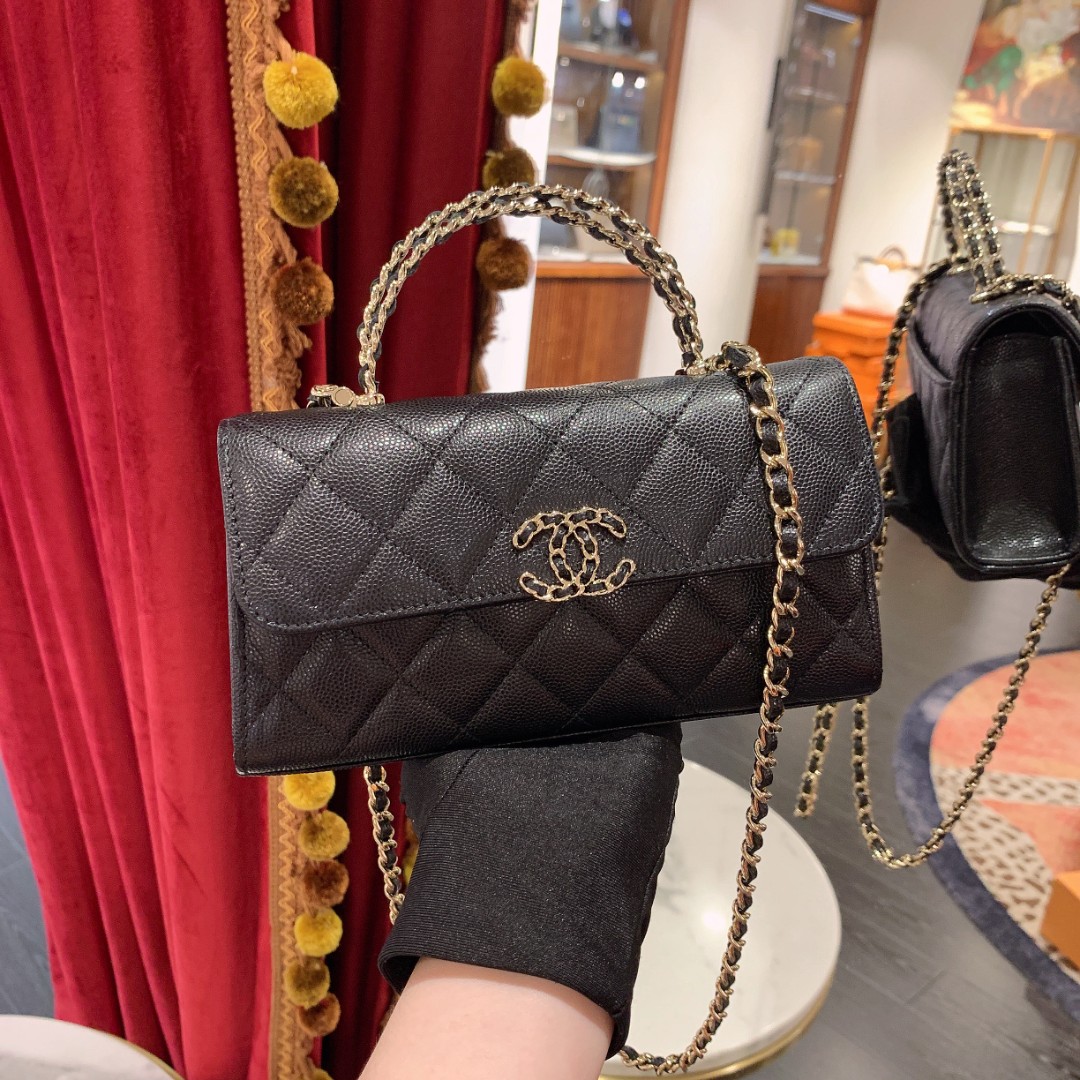 99新 Chanel/香奈儿 25s手柄kelly大号黑金荔枝牛皮芯片/65956586