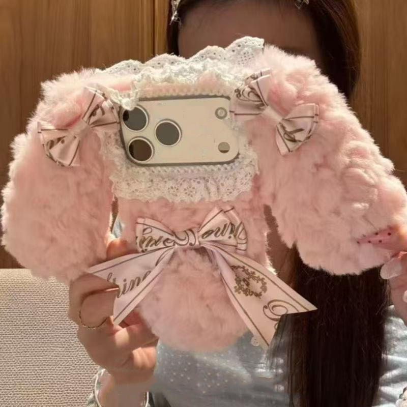 公主ins风蝴蝶结兔适用iphone17promax苹果16P毛绒手机壳15毛茸14