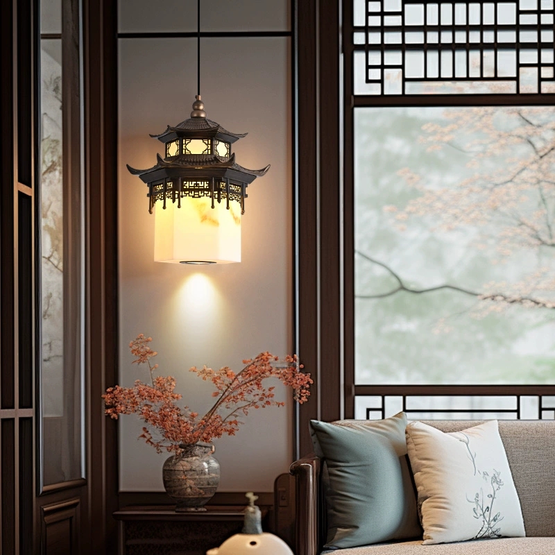 宋代美学禅意茶室餐厅仿古建筑房子凉亭玄关灯六角凉亭铝合金吊灯