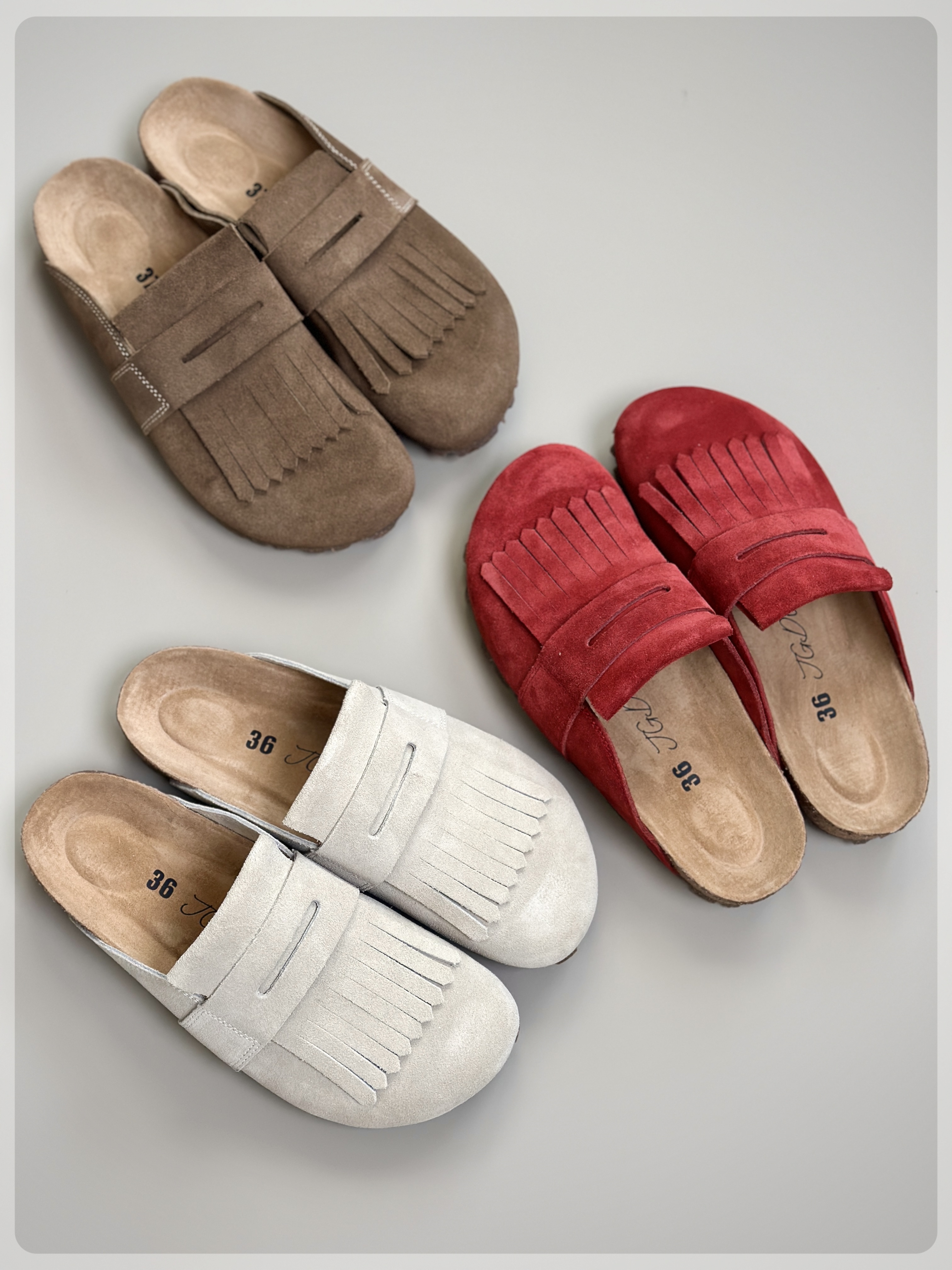 JGDU意大利进口三边植鞣真软木脚床法式流苏包头博肯穆勒半拖