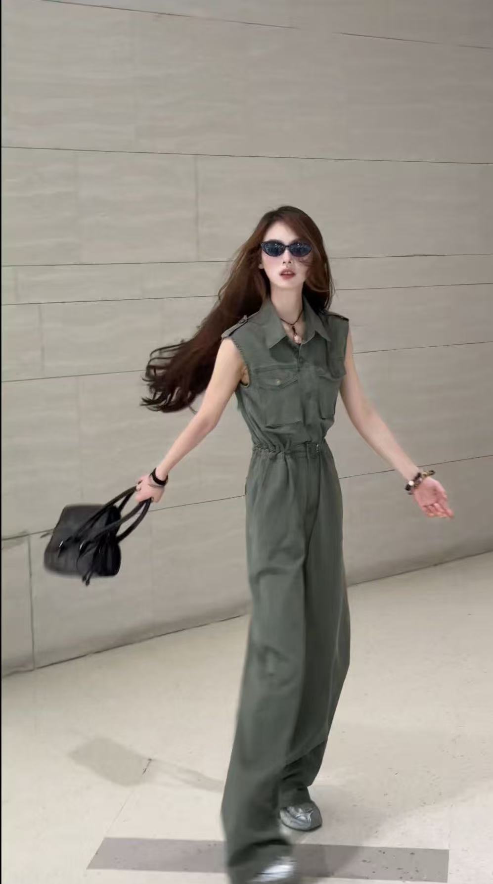 复古工装风无袖小众收腰背心连体裤女