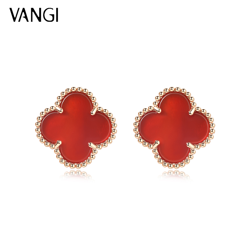 铜合金布艺耳饰 气质四叶草耳钉红色精致日韩百搭耳饰经典000251