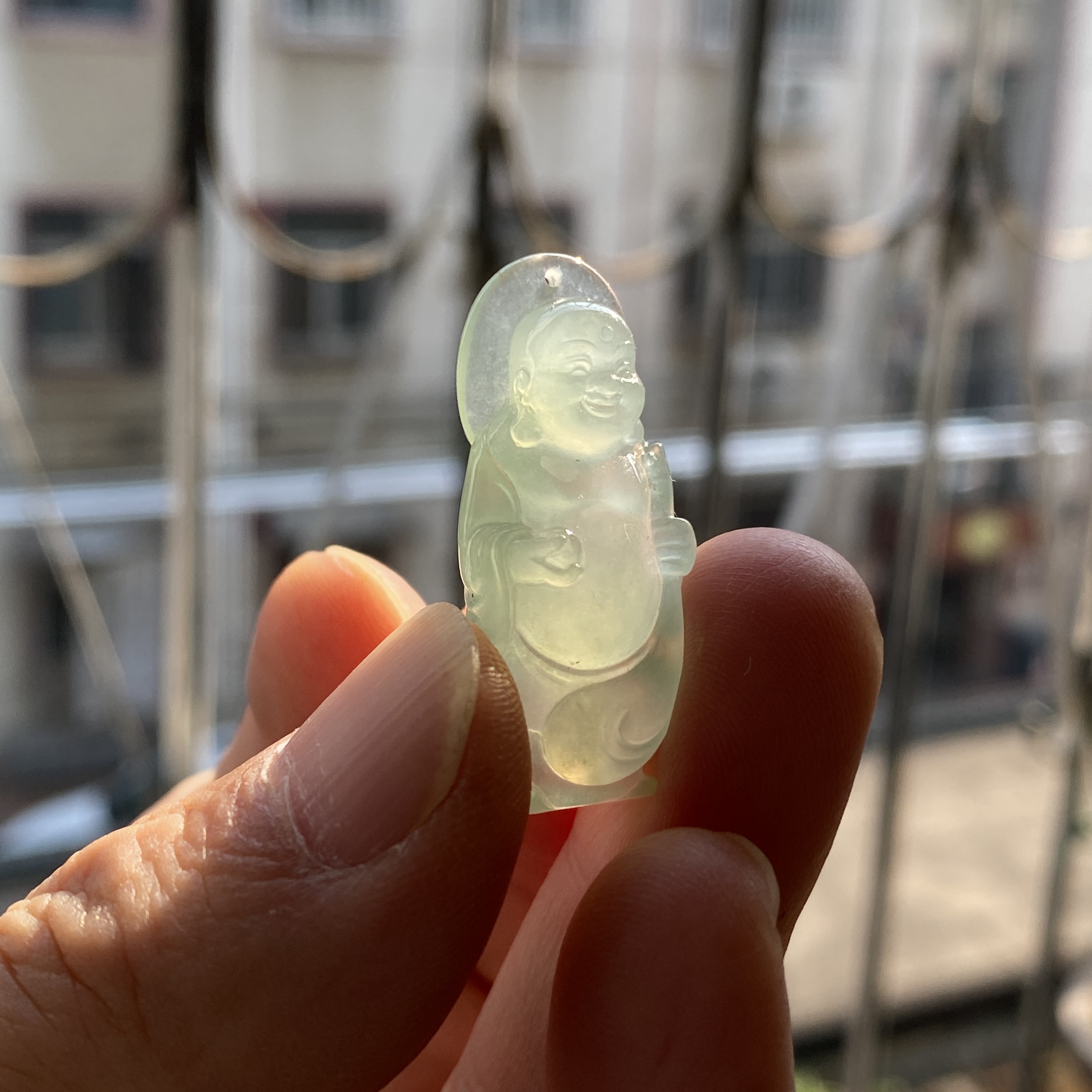 天然缅甸A货翡翠高冰佛公布袋佛吊坠毛衣链挂件尺寸34.3*14.8*8.9