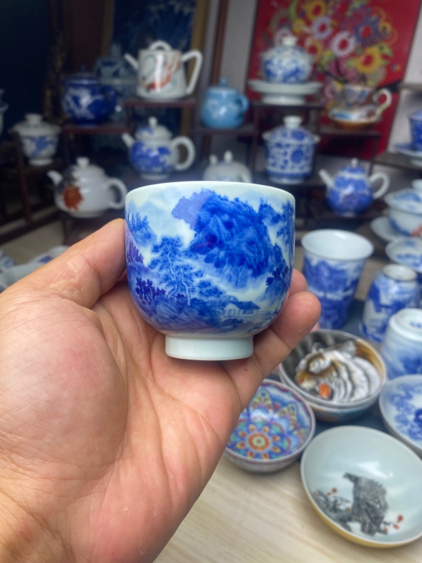 青花山水手柴窑鸭蛋青主人杯陶瓷茶具130cc