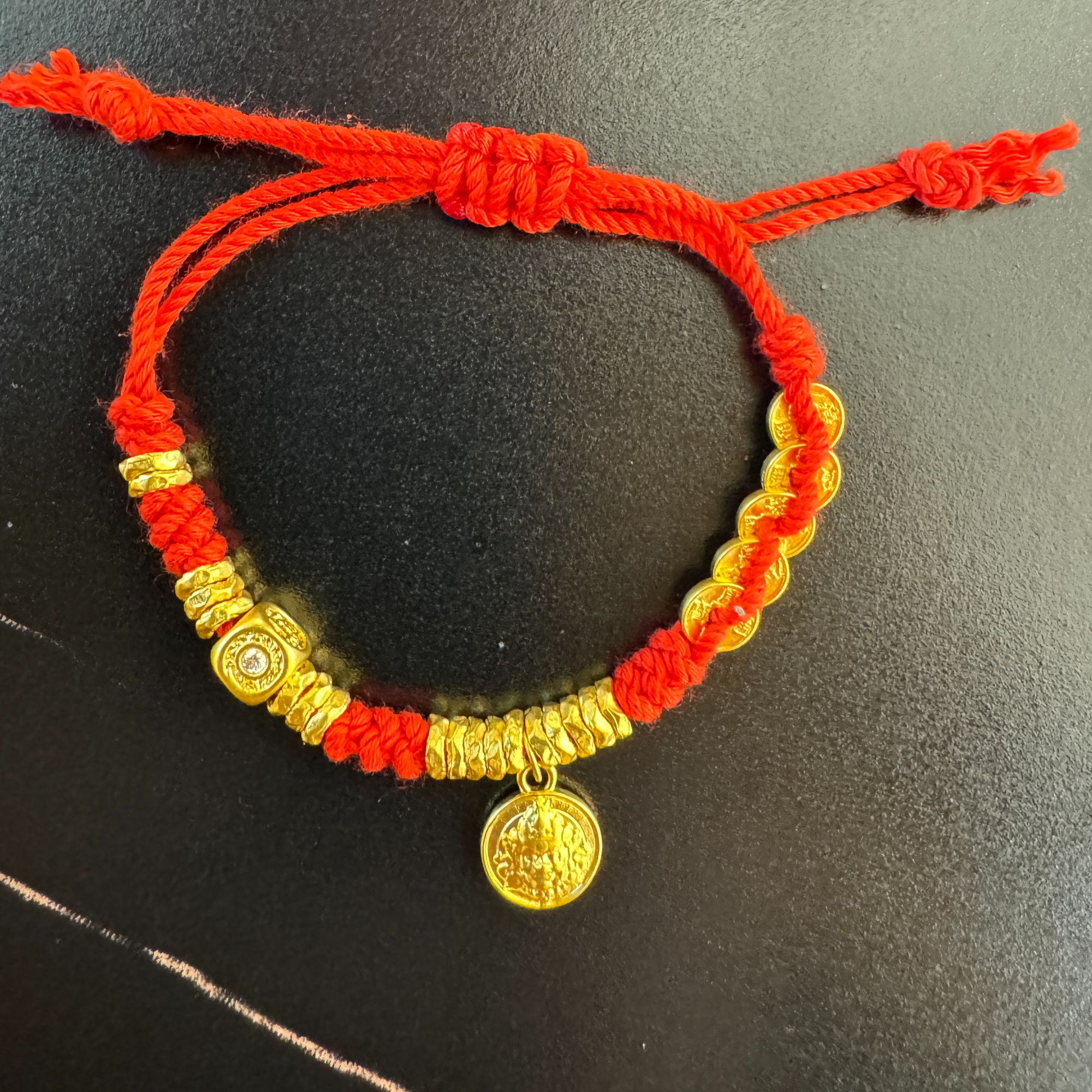 足金红绳盘缠黄财神+小五帝ZB30062