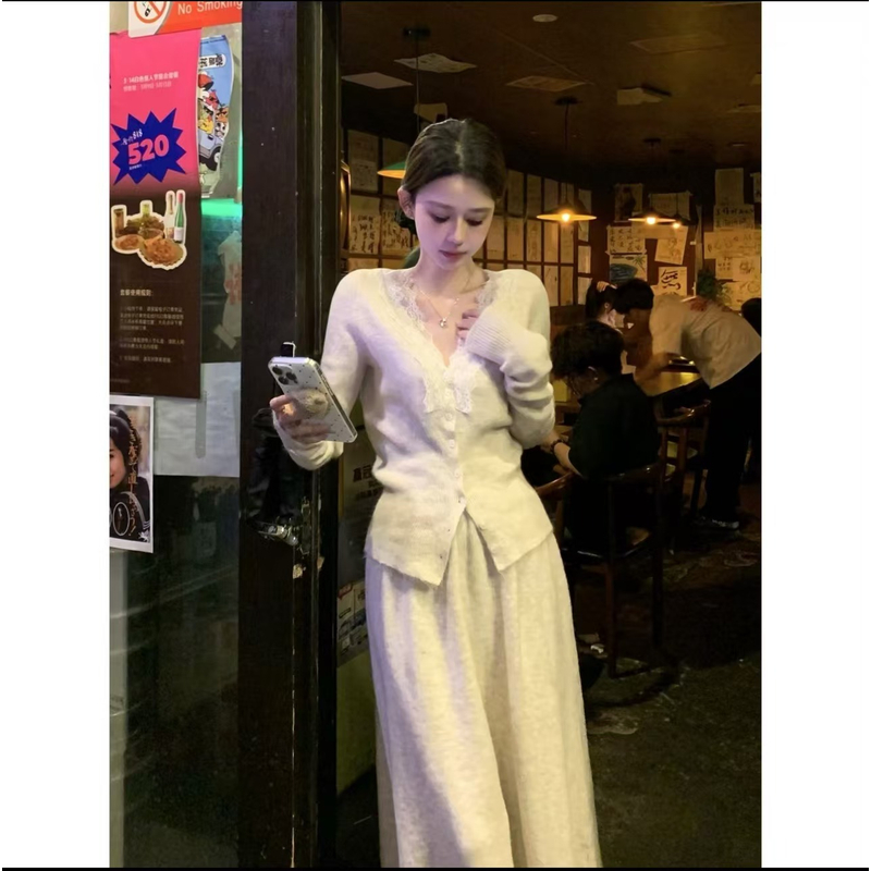 现货秒发---糯米绒长袖套装半身打底法式长款设计师裙显瘦气质