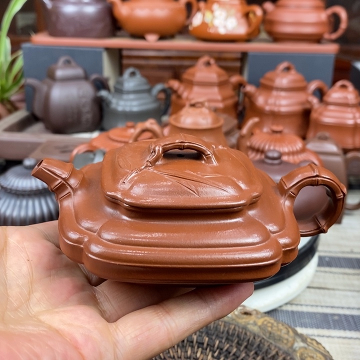 茶壶紫砂四方扁竹150CC原矿赵庄朱泥