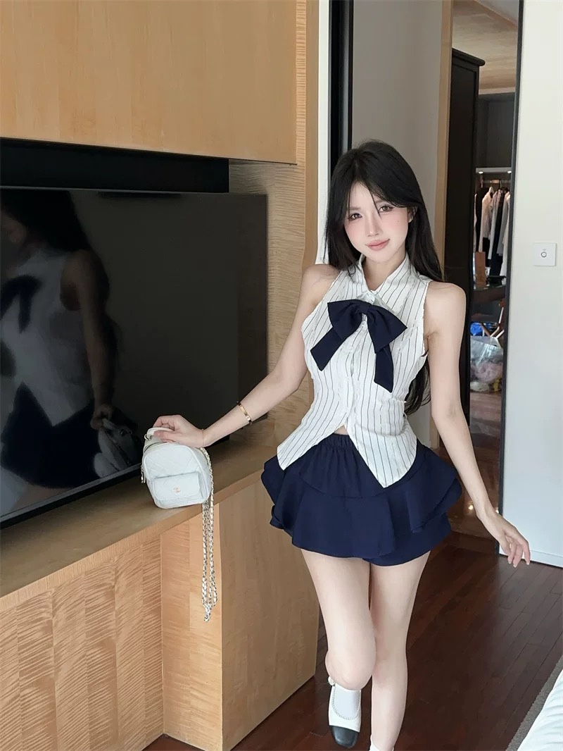 夏季学院风套装女JK制服甜辣设计精致短款上衣高腰半身裙两件套