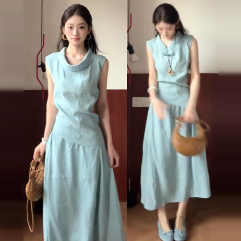 【现货+运补】法式高级感蓝色荡领气质穿搭无袖套装长裙3626