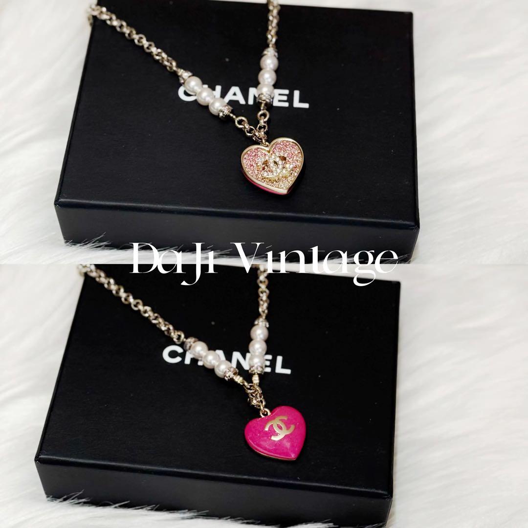 99新 Chanel/香奈儿 大吉中古/香奈儿粉色爱心满钻珍珠项链