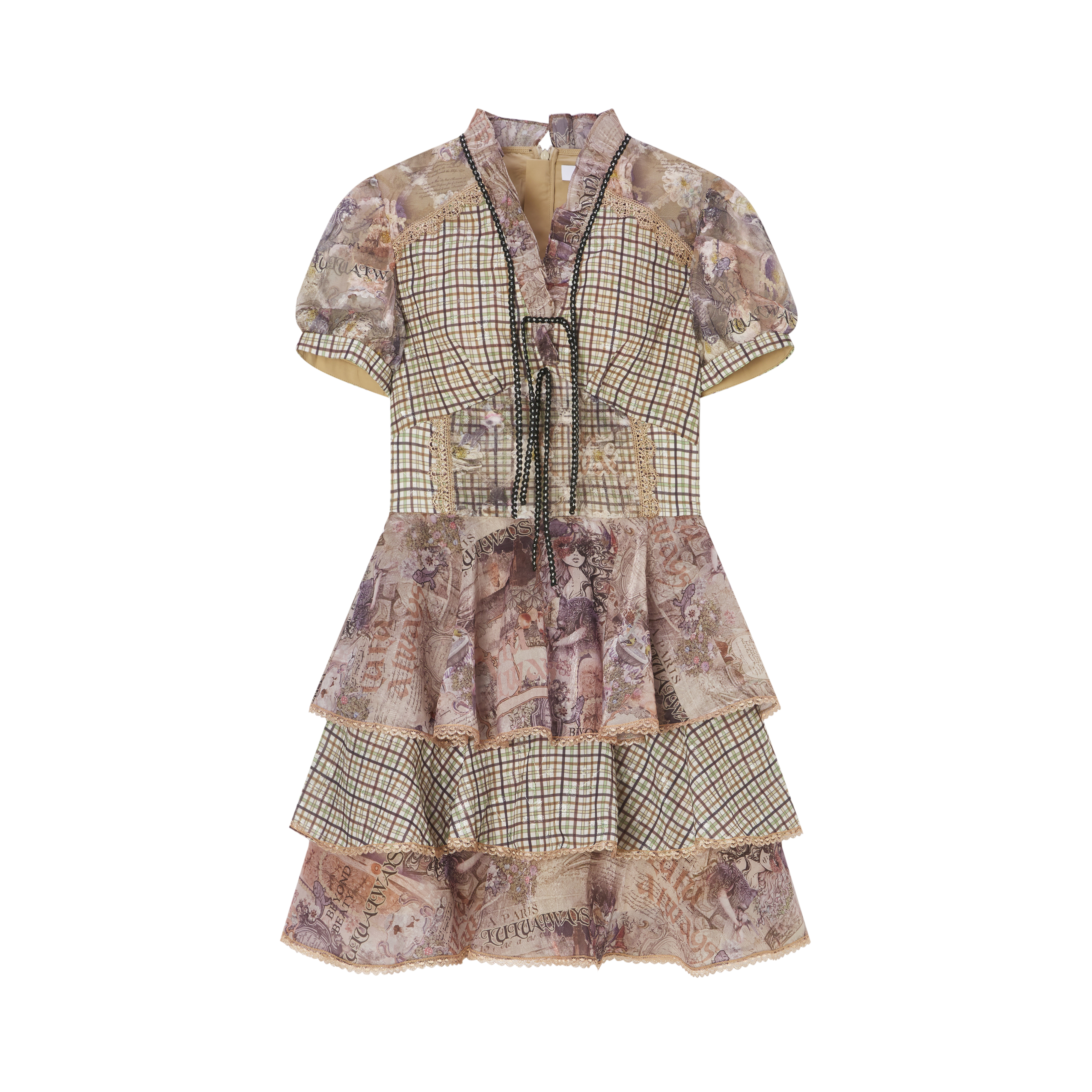 LULUALWAYS【商场同款】新款格纹拼接紫色法式复古宫廷印花连衣裙