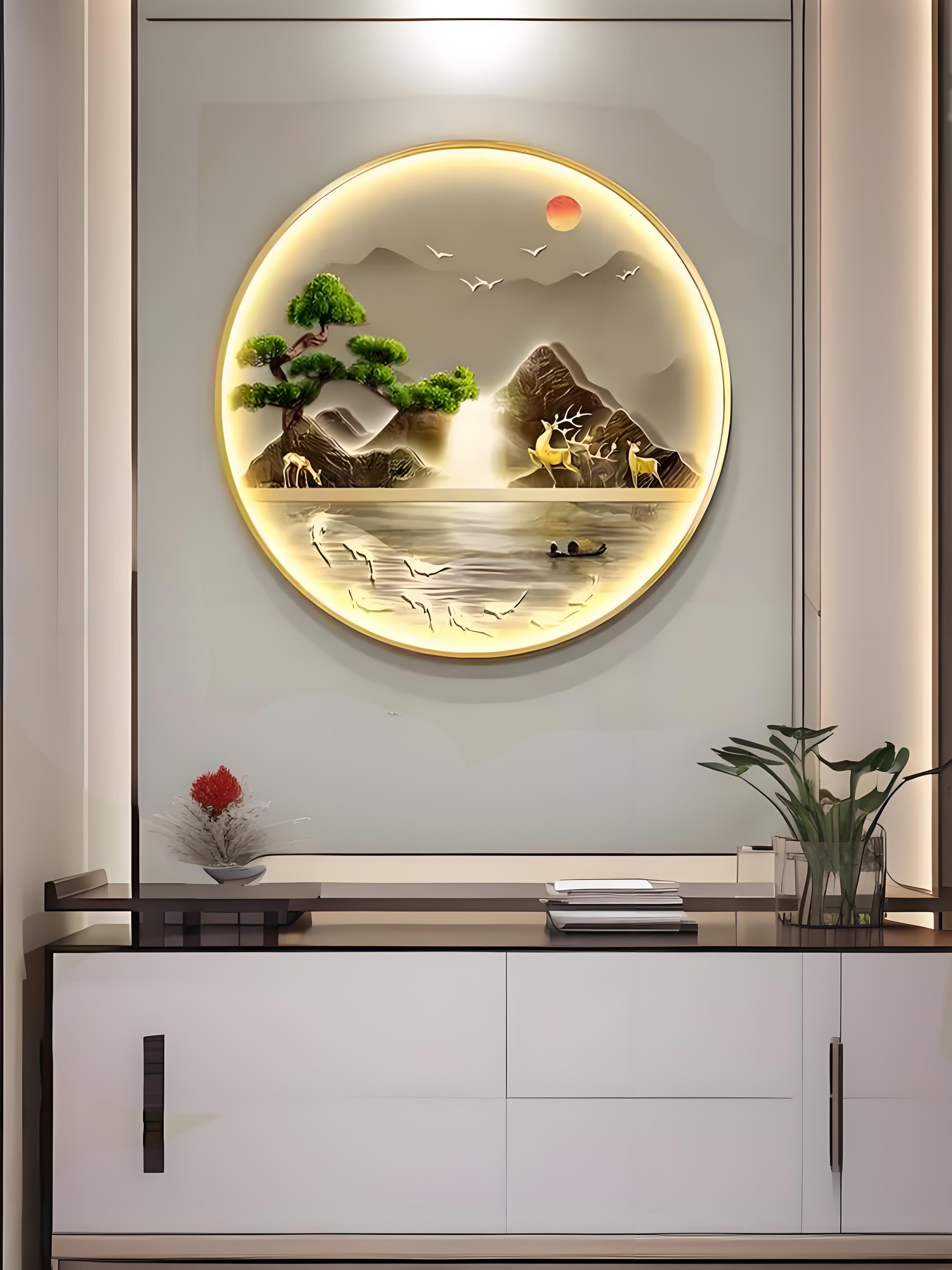 九鱼聚福新中式圆形装饰画入户门走廊过道流水生财背景墙壁画挂画