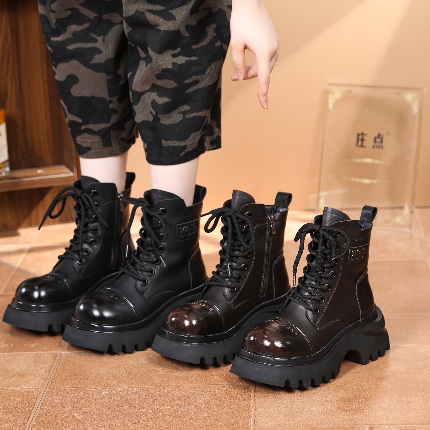 棉款短筒马丁靴秋冬新款英伦风靴子时尚百搭厚底系带马丁靴高跟