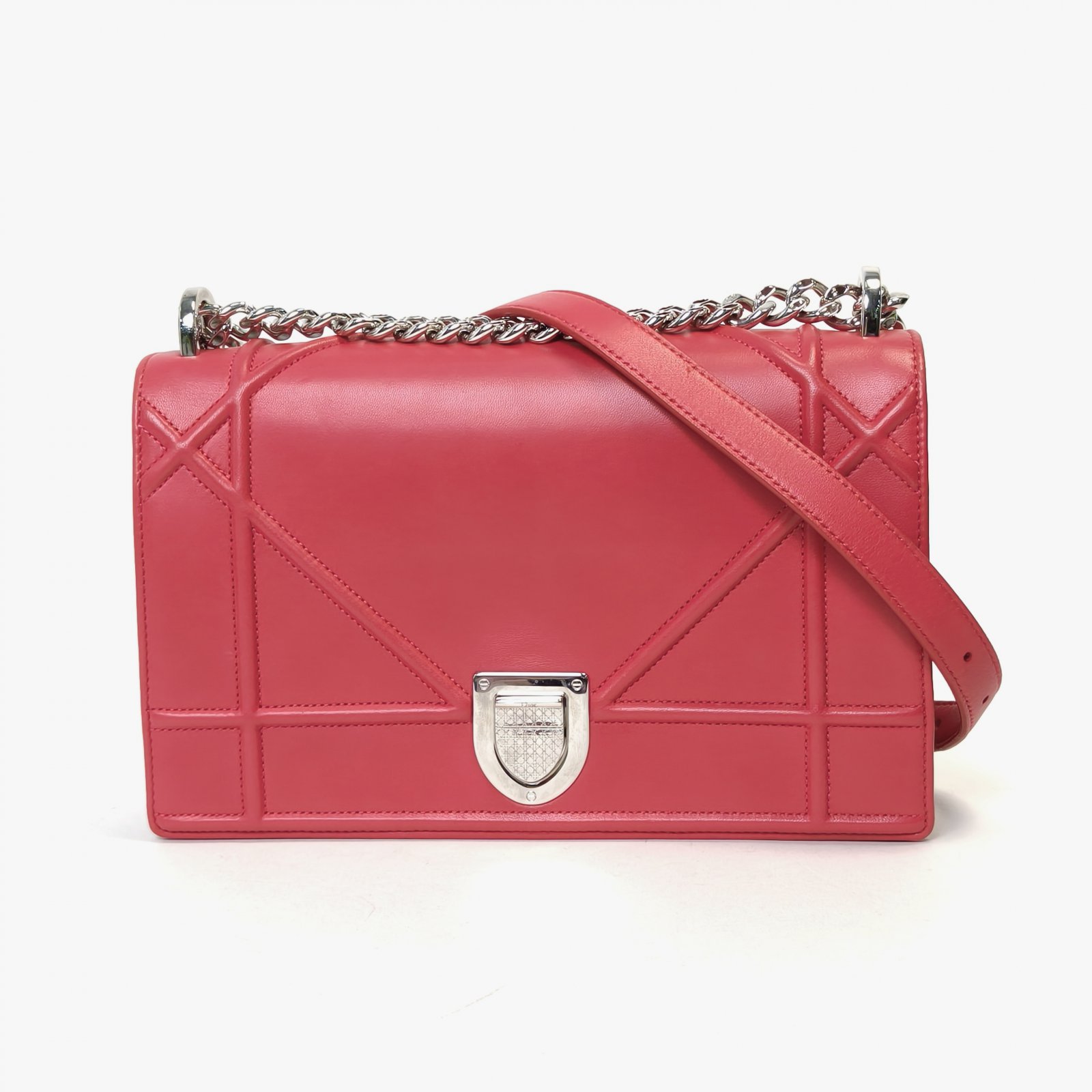 95新 DIOR/迪奥 【娇活动盾牌包 25 玫红 皮革S 银扣 2015 621700