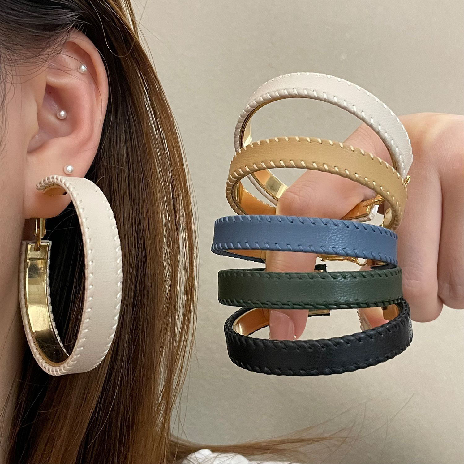 非金属皮质耳饰 925银针5.5㎝皮质宽面耳圈