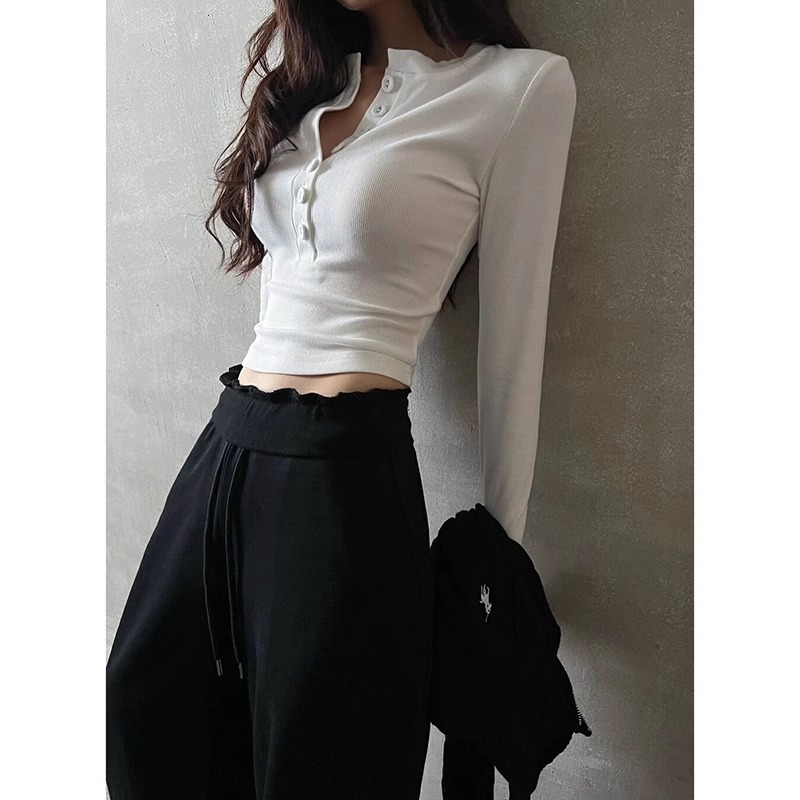 辣妹白色v领内搭打底衫女春秋季纯棉正肩长袖t恤修身紧身短款上衣