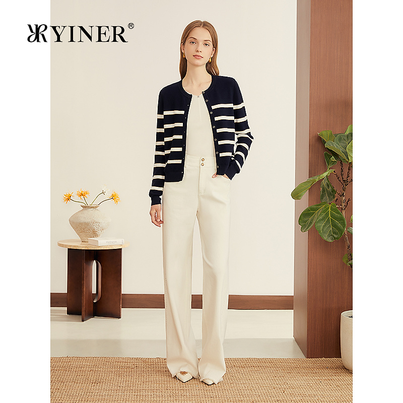 YINER音儿专选2025秋季新款透气圆领间色百搭显瘦针织开衫上衣