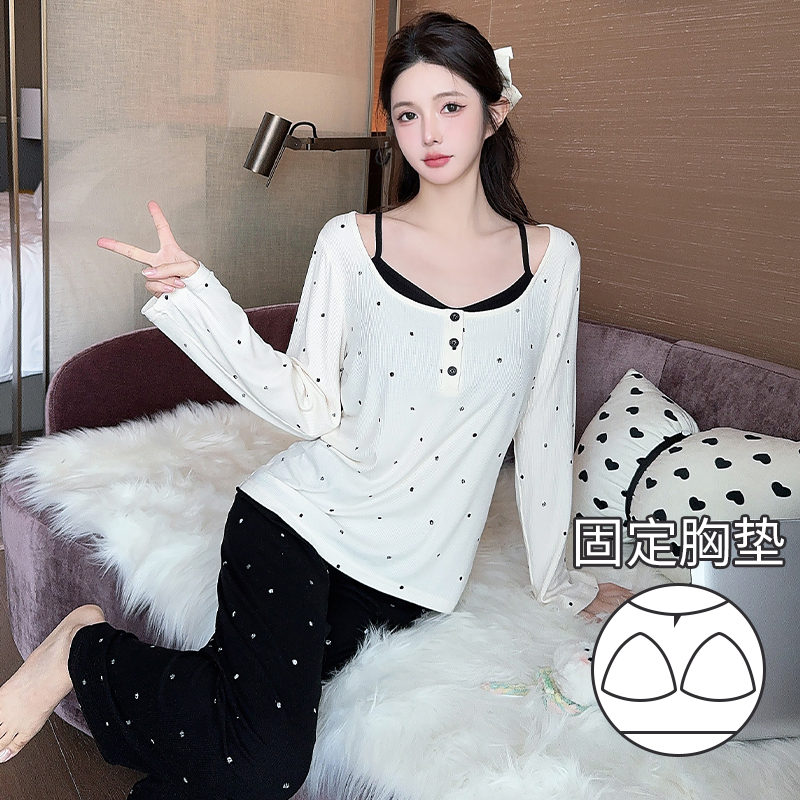 韩版时尚春秋季薄款莫代尔睡衣女长袖长裤带胸垫甜美网红风家居服