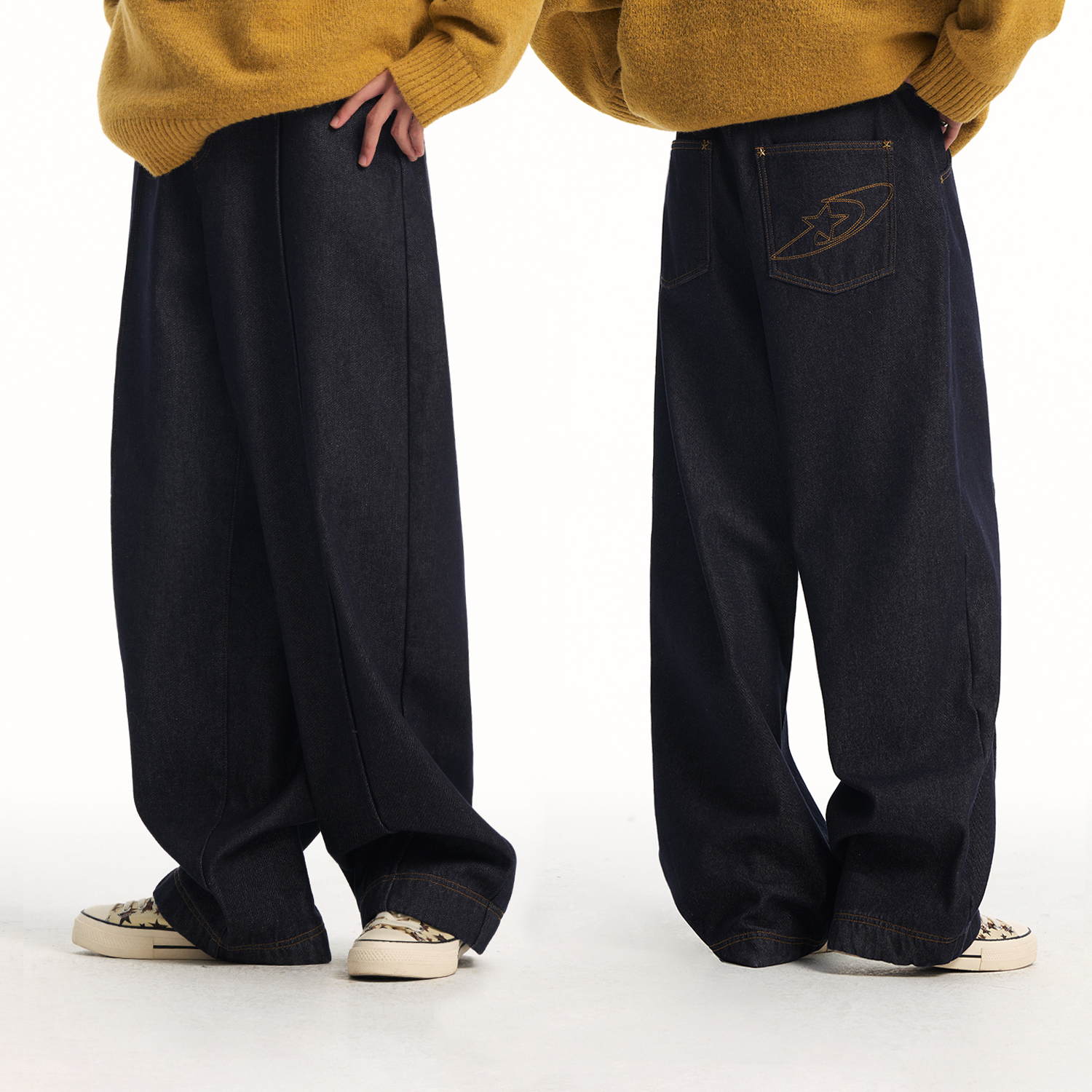 江南先生NewJNXS重磅洗水加绒原牛色星星撞钉明线带鼓位牛仔裤冬