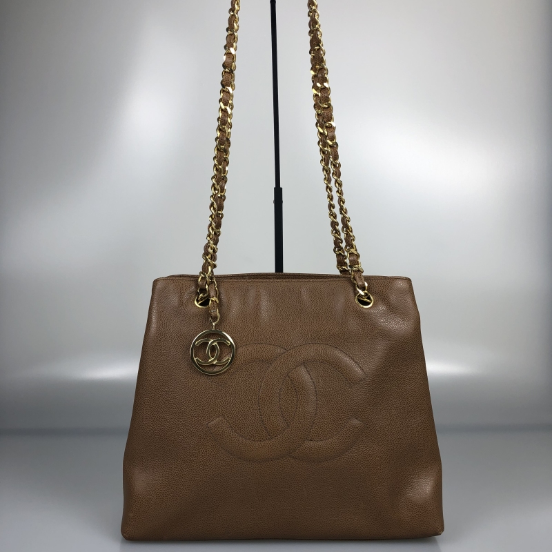 95新 Chanel/香奈儿 焦糖色荔枝纹金扣单肩包 底长32 1开