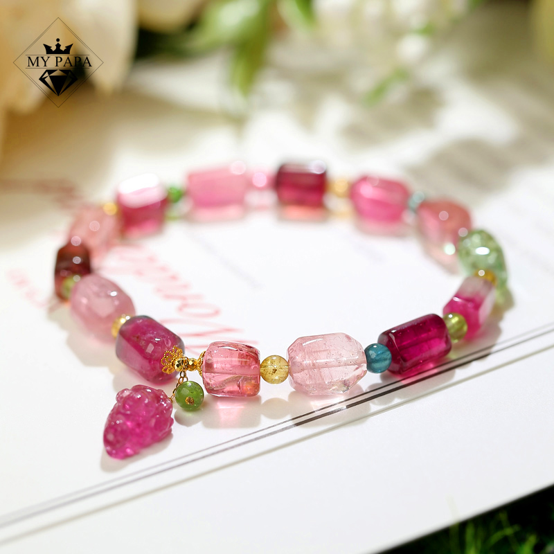 MYPAPA水晶彩宝收藏级随形原矿彩碧玺单圈手链女手串18K