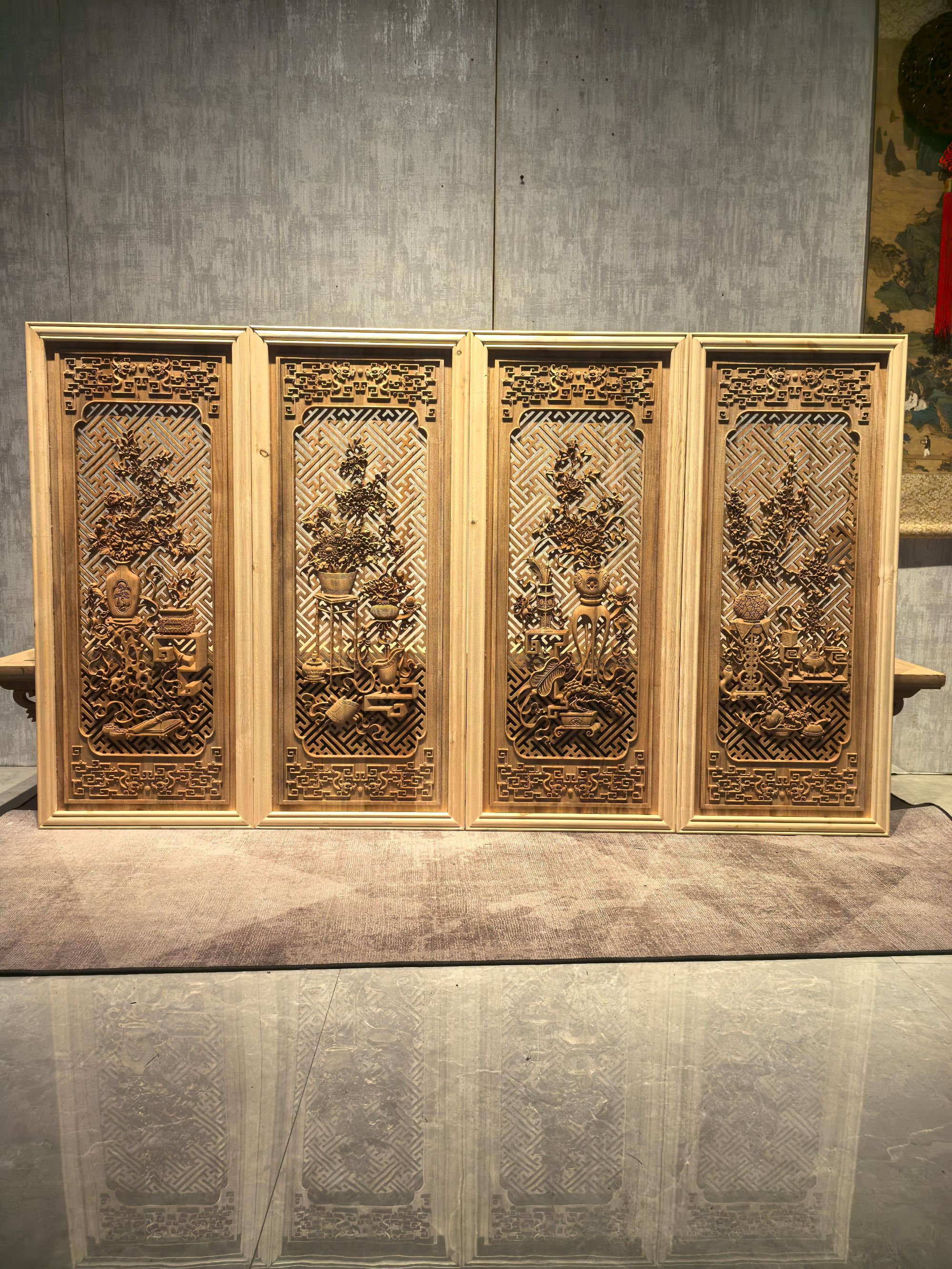 博古架花盆四件套镂空边框实木香樟木挂屏白胚无油漆长43高100