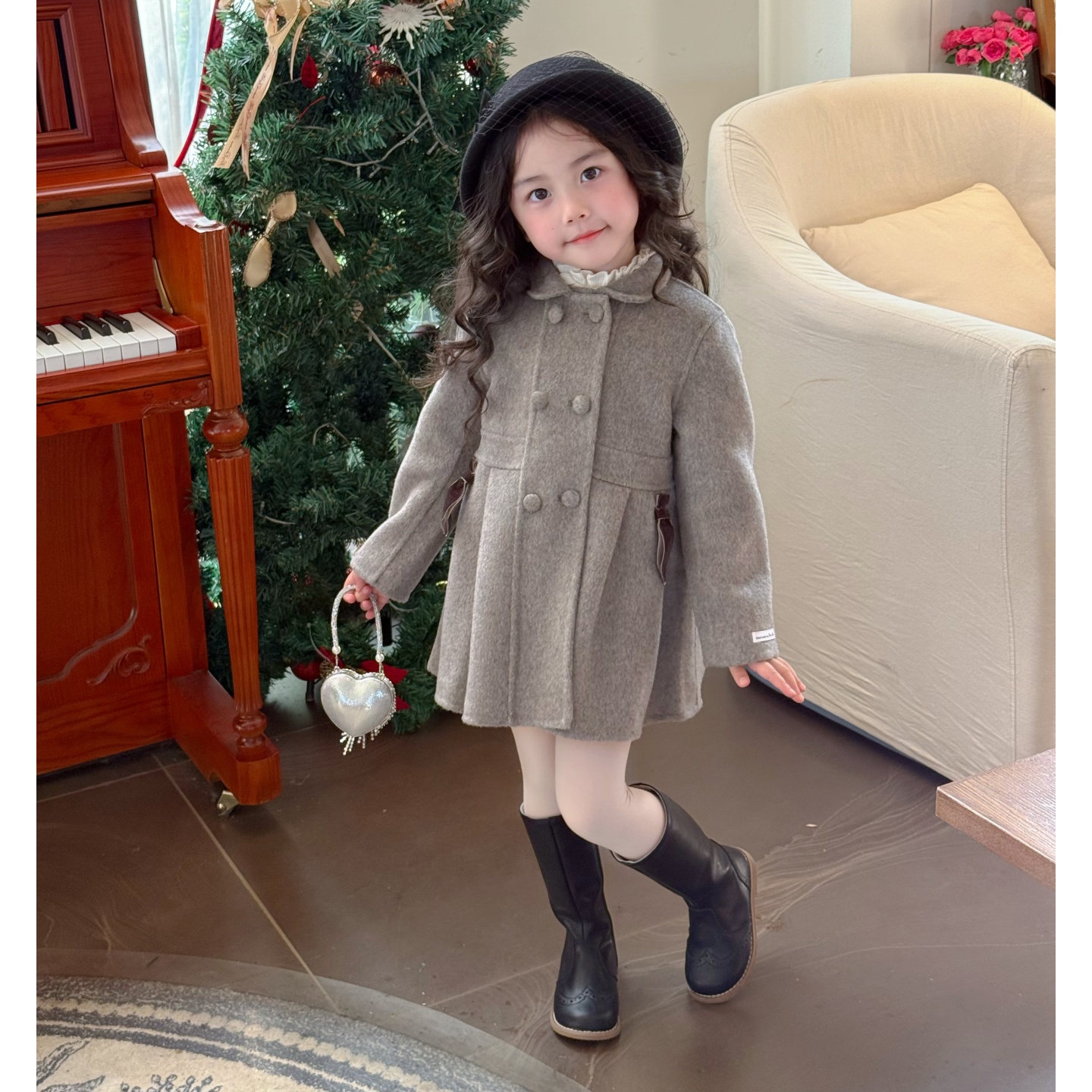 现货）壹妈童装女童秋冬灰色加厚外套儿童洋气双面中长款大衣女宝