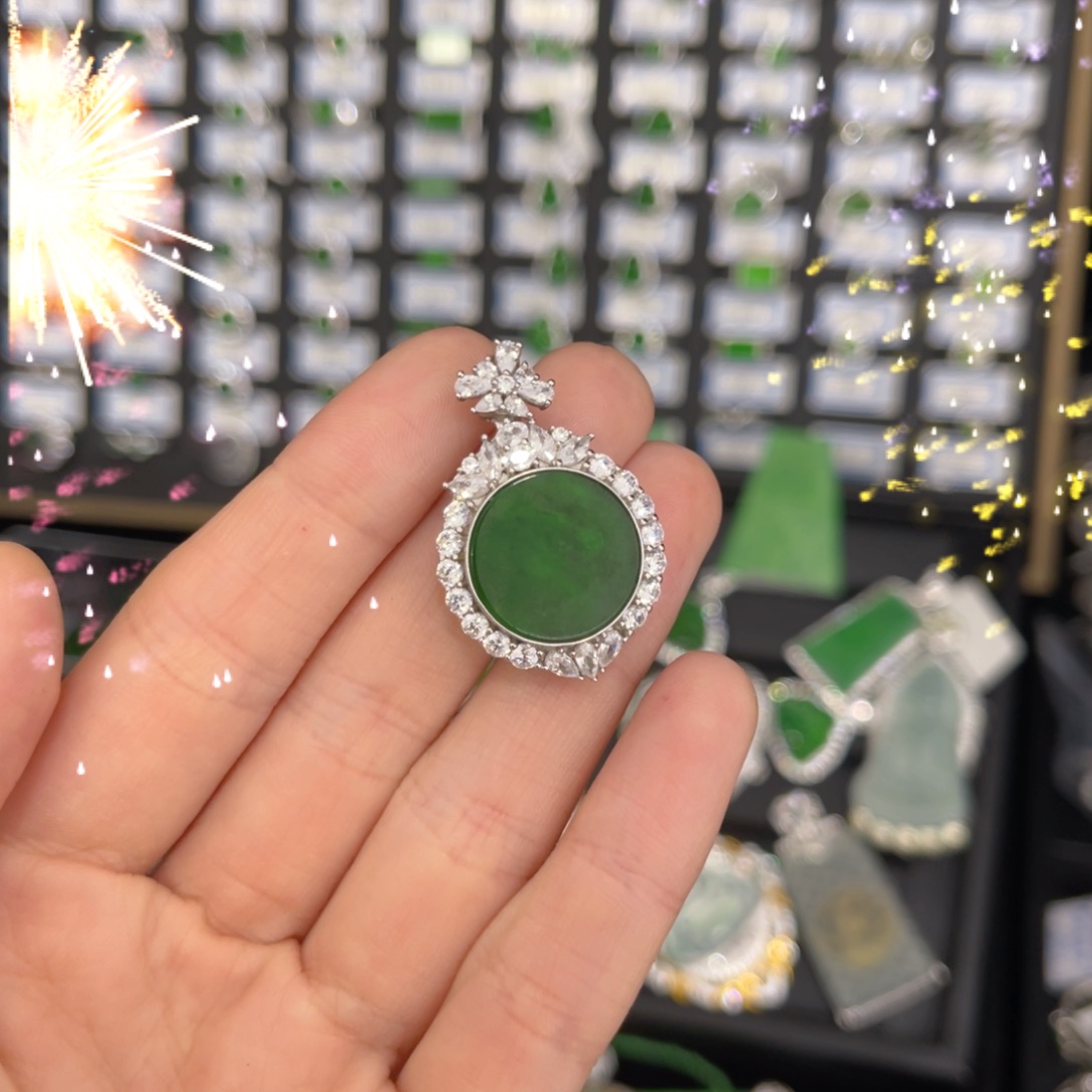 翡翠戒指银S925镶嵌翡翠吊坠