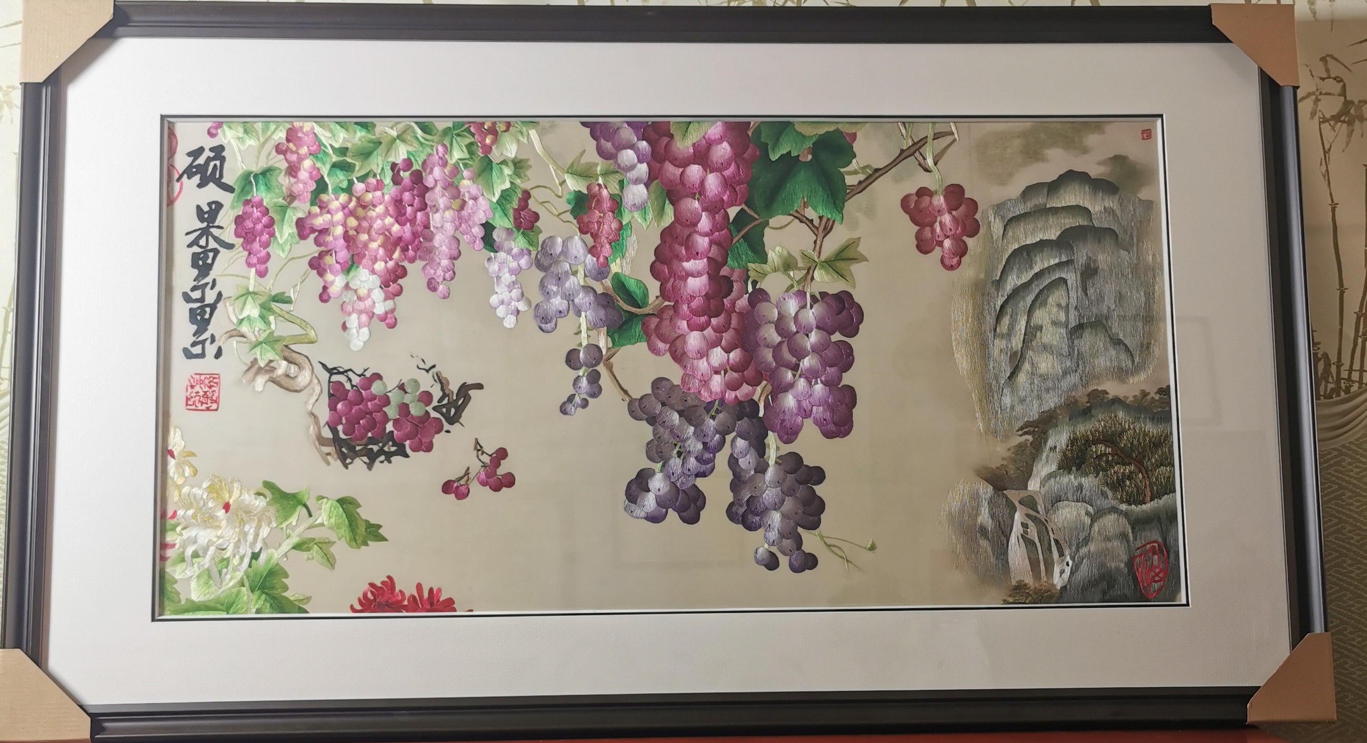 硕果累累图纯手工苏绣刺绣精品背景挂画客厅茶室外框125*71㎝