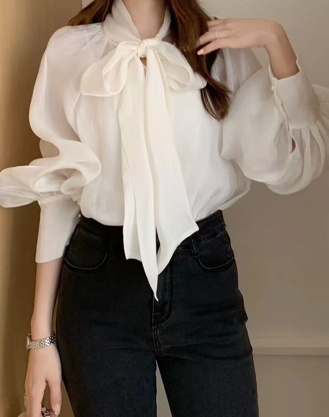 韩国纯色原创设计长袖宽松褶皱小众衬衣