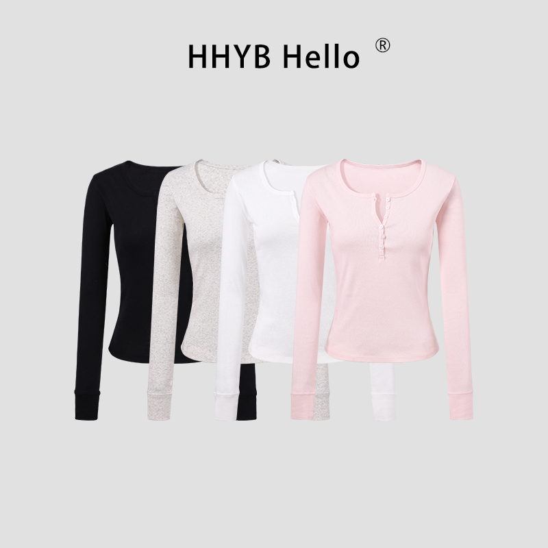 HHYB Hello设计感半门襟圆领打底上衣2025新款长袖T恤女250831