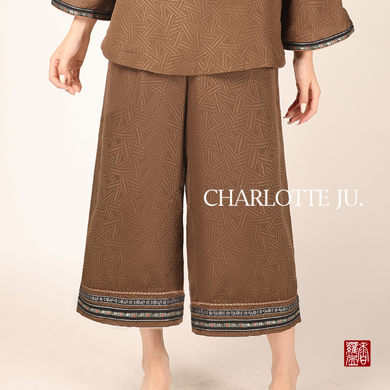 【步莲台】复古国风中式桑蚕丝松紧腰宽松女士花边阔腿裤子