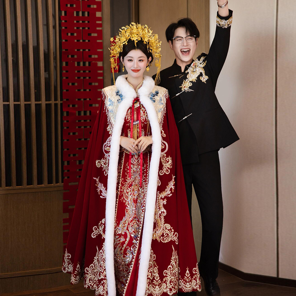 秀禾服披肩中式高级加绒加厚冬季汉服披风斗篷新娘结婚2025年新款