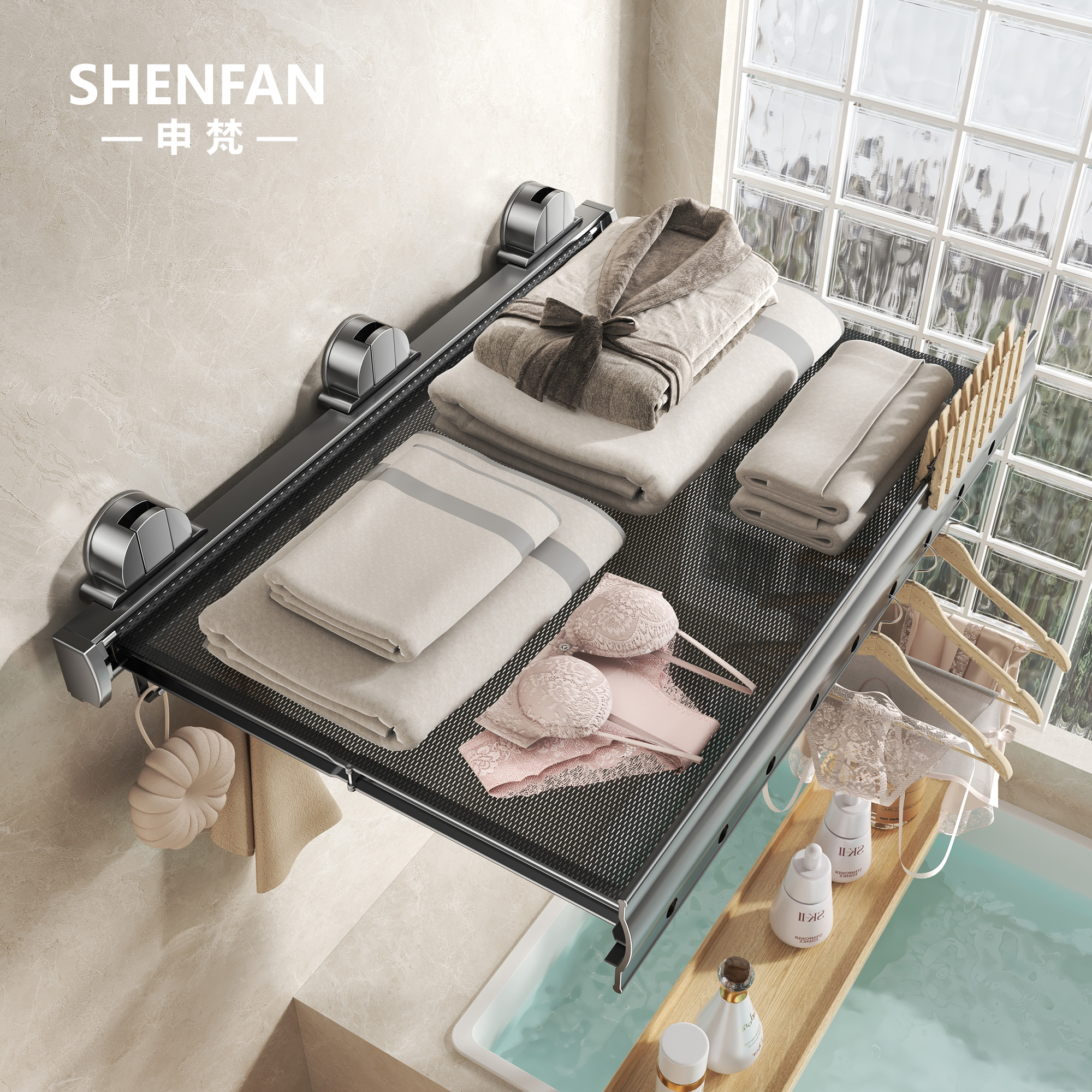 【三吸盘】浴室太空铝置物架阻尼自动回缩卫生间厕所毛巾杆挂折叠架