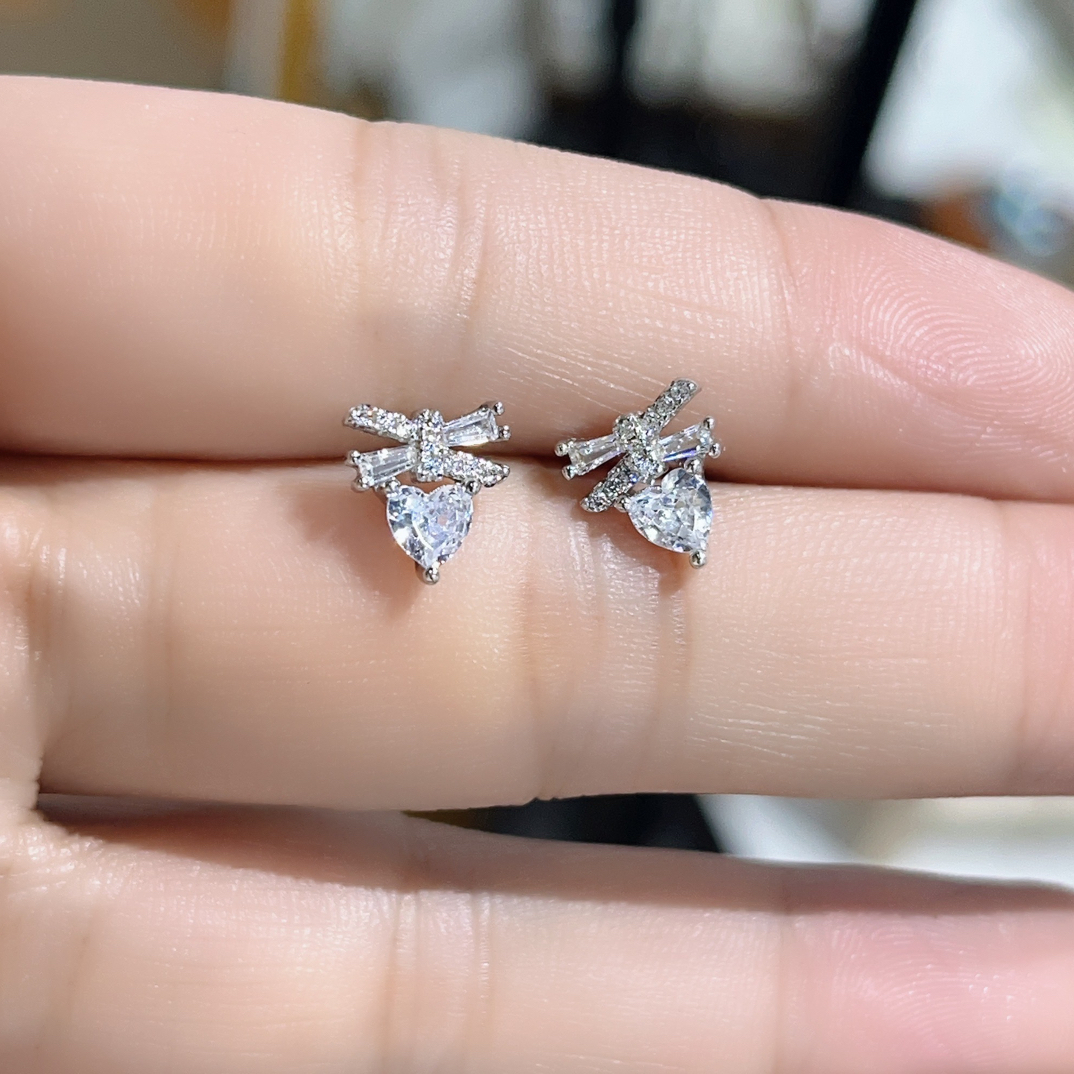 925银耳饰 蝴蝶结桃心耳钉通体纯银