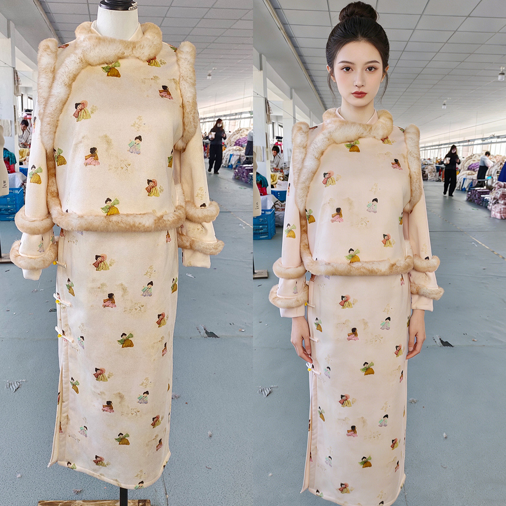 秋冬旗袍常规袖长袖印花中国风常规款蕾丝红花118