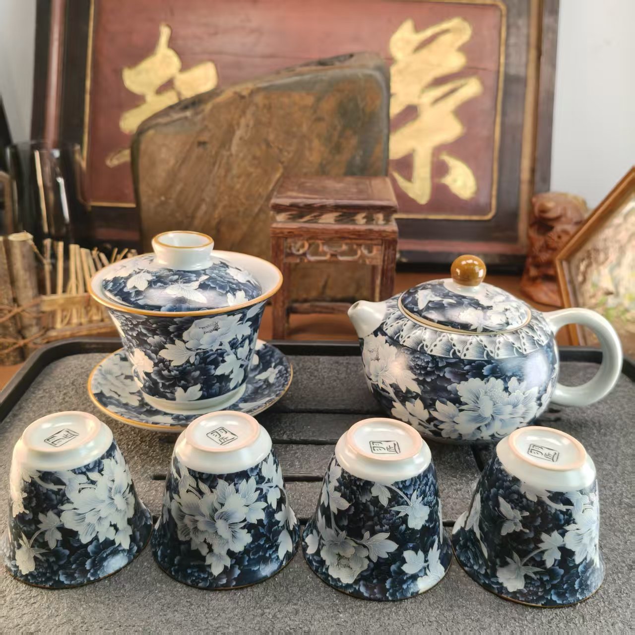 复古青花西施壶 +盖碗+四杯+盘-0068